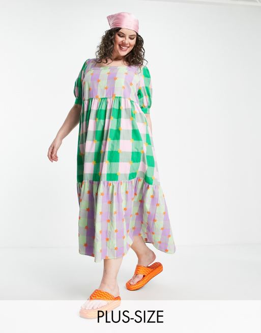 COLLUSION Plus - Vestito grembiule multicolore a quadretti misti con ricami