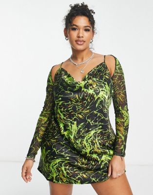 COLLUSION Plus cowl neck neon printed satin  mini slip dress with mesh shrug in multi  - ASOS Price Checker