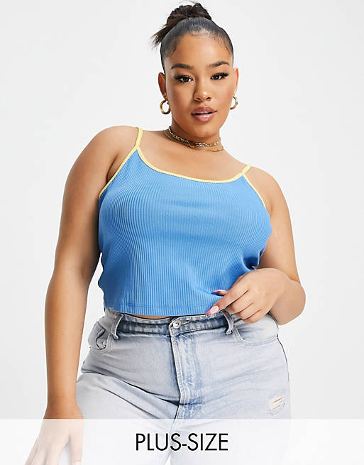COLLUSION Plus 90's rib contrast strap cami in blue and yellow