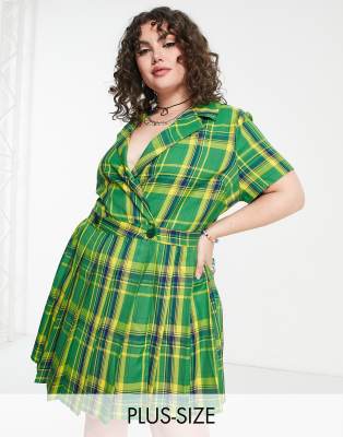 COLLUSION Plus wrap pleated mini dress in green check | ASOS