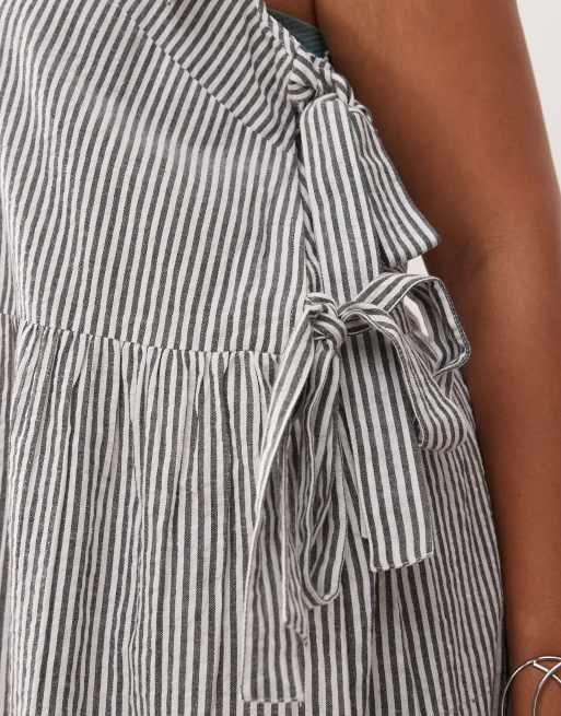 COLLUSION Plus wrap tie detail midi dress in gray and white stripes
