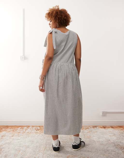 COLLUSION Plus wrap tie detail midi dress in gray and white stripes