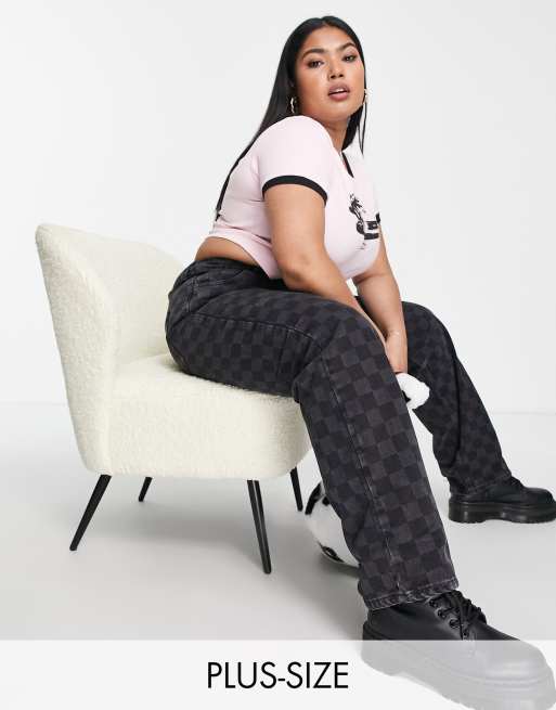 COLLUSION Plus - x014 - Geruite baggy dad jeans met halfhoge taille in jaren 90-stijl in zwart met wassing