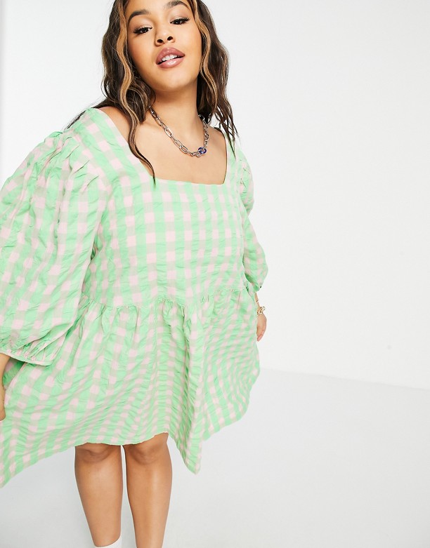 COLLUSION Plus – Zielono-rÓżowa luźna letnia sukienka z kory w kratę, tylko w ASOS Green & Pink Zakup 