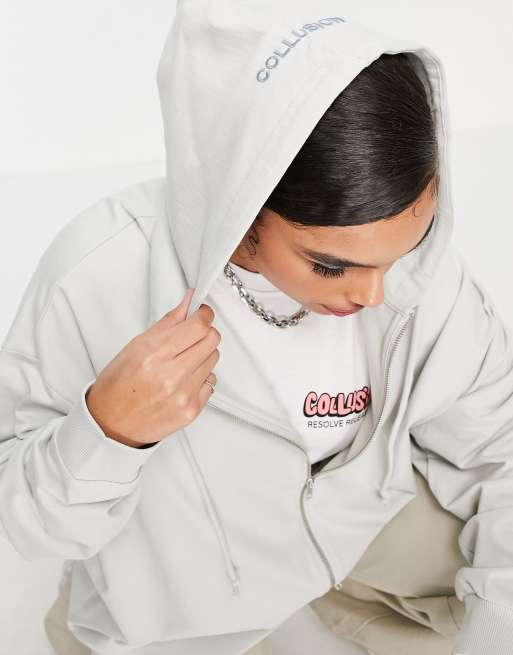 Collusion Oversized Zip Through Hoodie With Embroidery in Brown