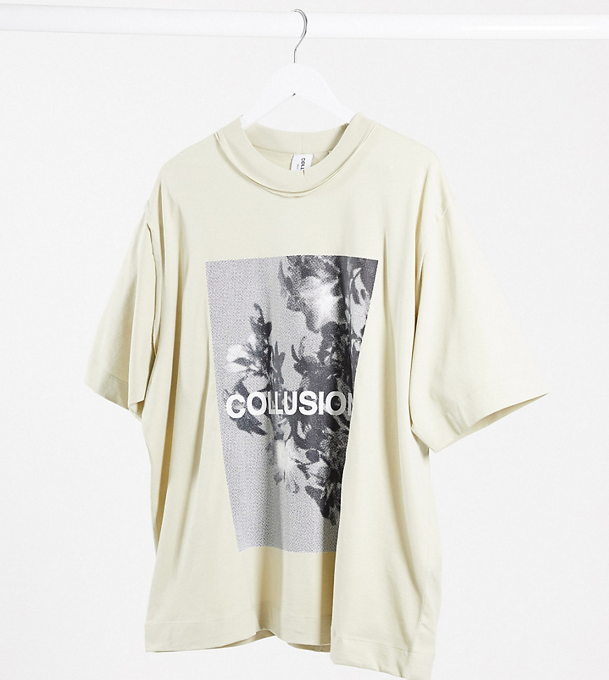COLLUSION – Plusstorlek – Exclusive – Beige t-shirt med monokromt tryck
