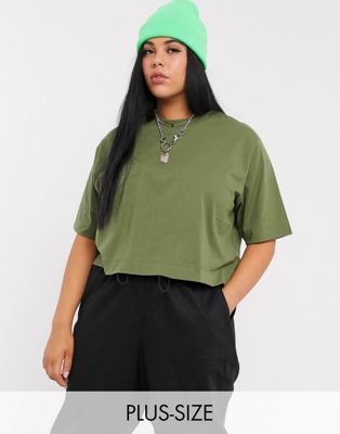 COLLUSION – Plusstorlek – Khakifärgad kortärmad t-shirt med boxig passform-Grön