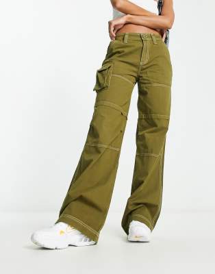 Collusion Pocket Detail Cargo Pants With White Stitch In Olive-green