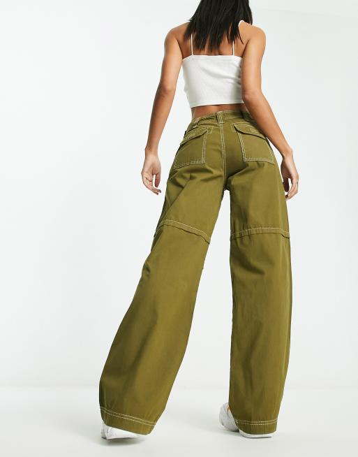 Brown Twill Pocket Detail High Waist Cargo Pants