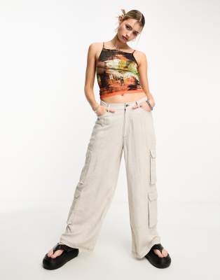 COLLUSION pocket detail wide leg linen pants in stone-Neutral