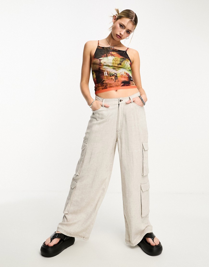 Collusion Pocket Detail Wide Leg Linen Pants In Stone-neutral