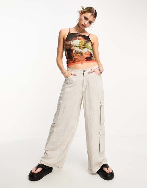 COLLUSION pocket detail wide leg linen pants in stone