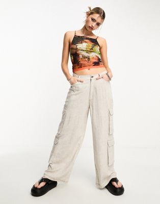 COLLUSION pocket detail wide leg linen trousers in stone