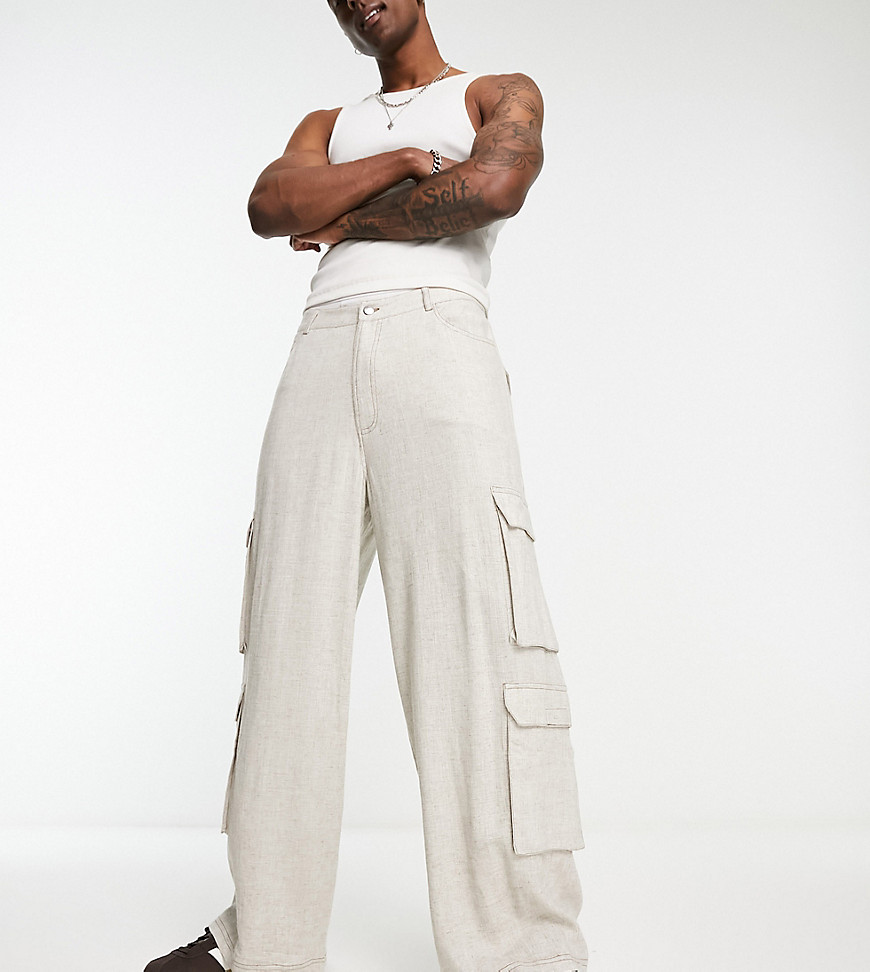 COLLUSION pocket detail wide leg linen trousers in stone-Neutral