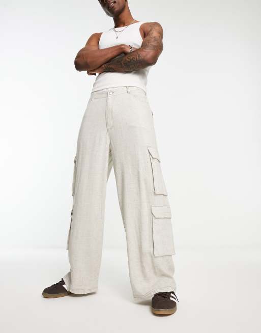  COLLUSION pocket detail wide leg linen trousers in stone