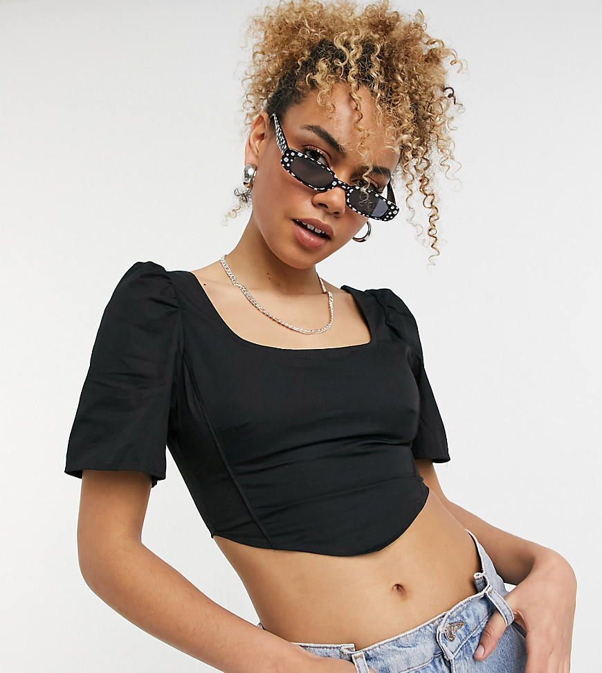 COLLUSION pointed waist crop top with puff sleeves in black