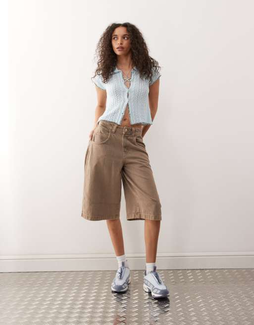 COLLUSION pointelle button through knitted top in blue