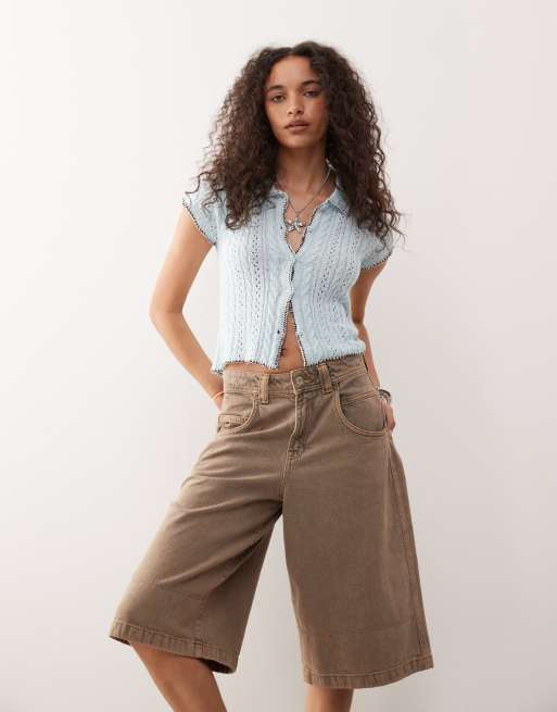 COLLUSION pointelle button through knitted top in blue