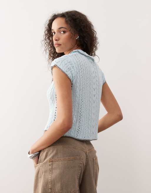 COLLUSION pointelle button through knitted top in blue