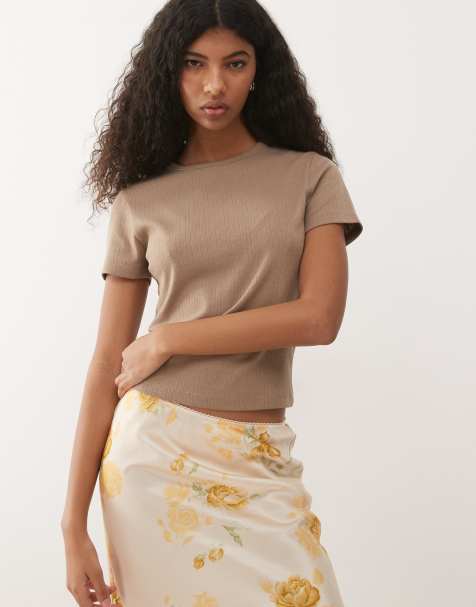 COLLUSION pointelle fitted baby tee in beige