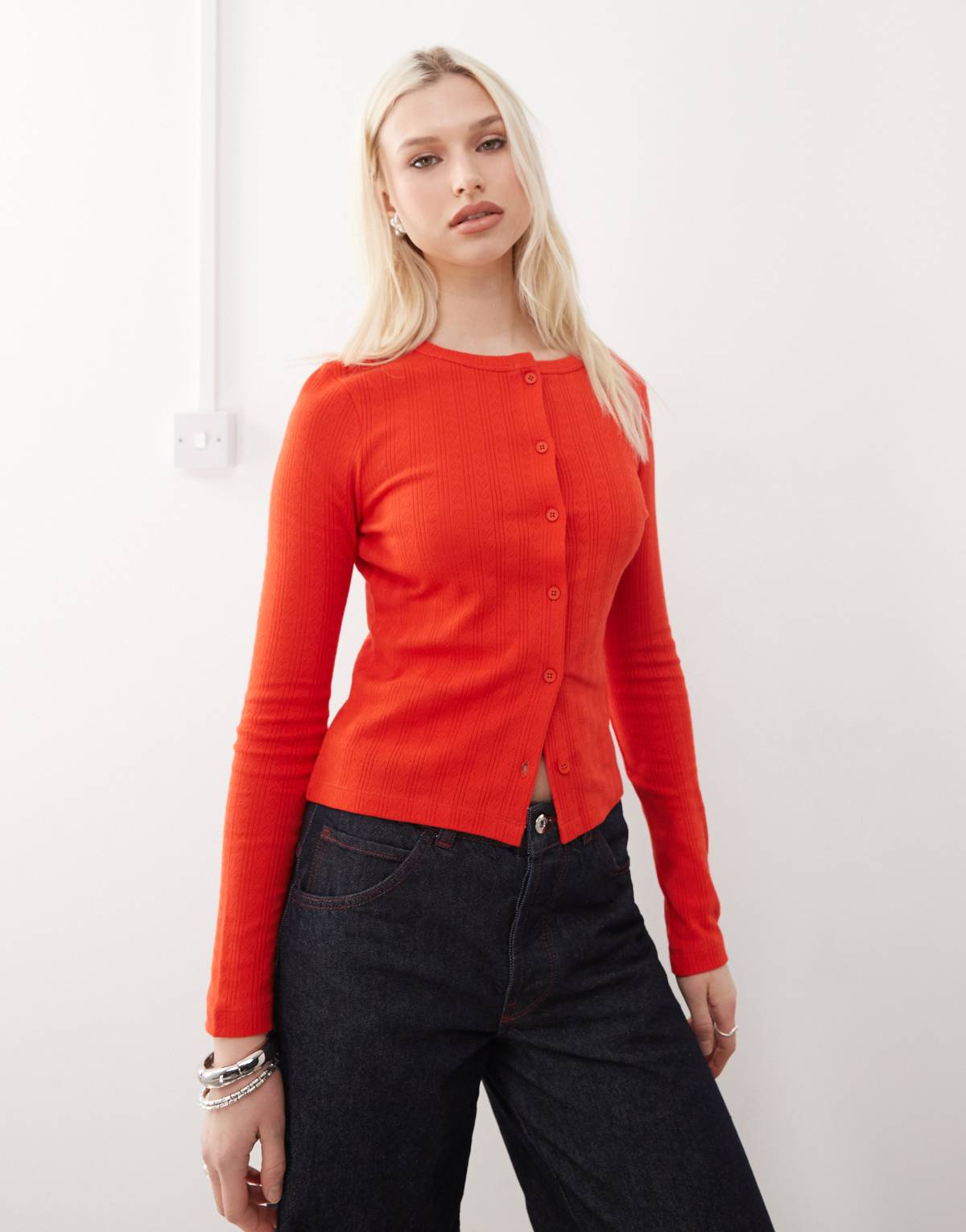 COLLUSION pointelle fitted cardigan in red
