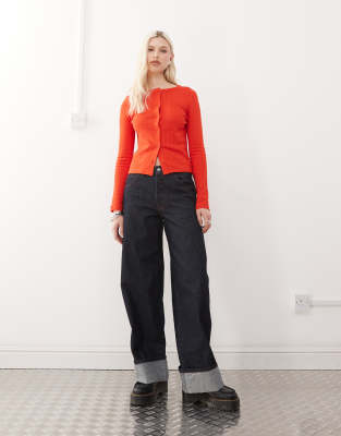 Collusion Pointelle Fitted Cardigan In Red