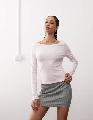 COLLUSION pointelle scoop neck long sleeve top in baby pink