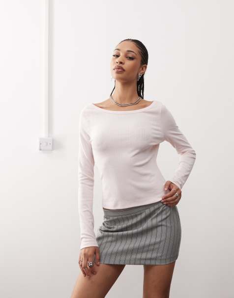 COLLUSION pointelle scoop neck long sleeve top in baby pink - view 1