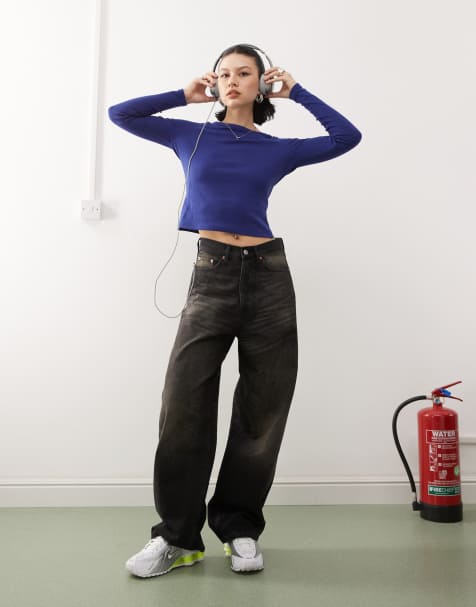 COLLUSION pointelle scoop neck long sleeve top in navy - view 1