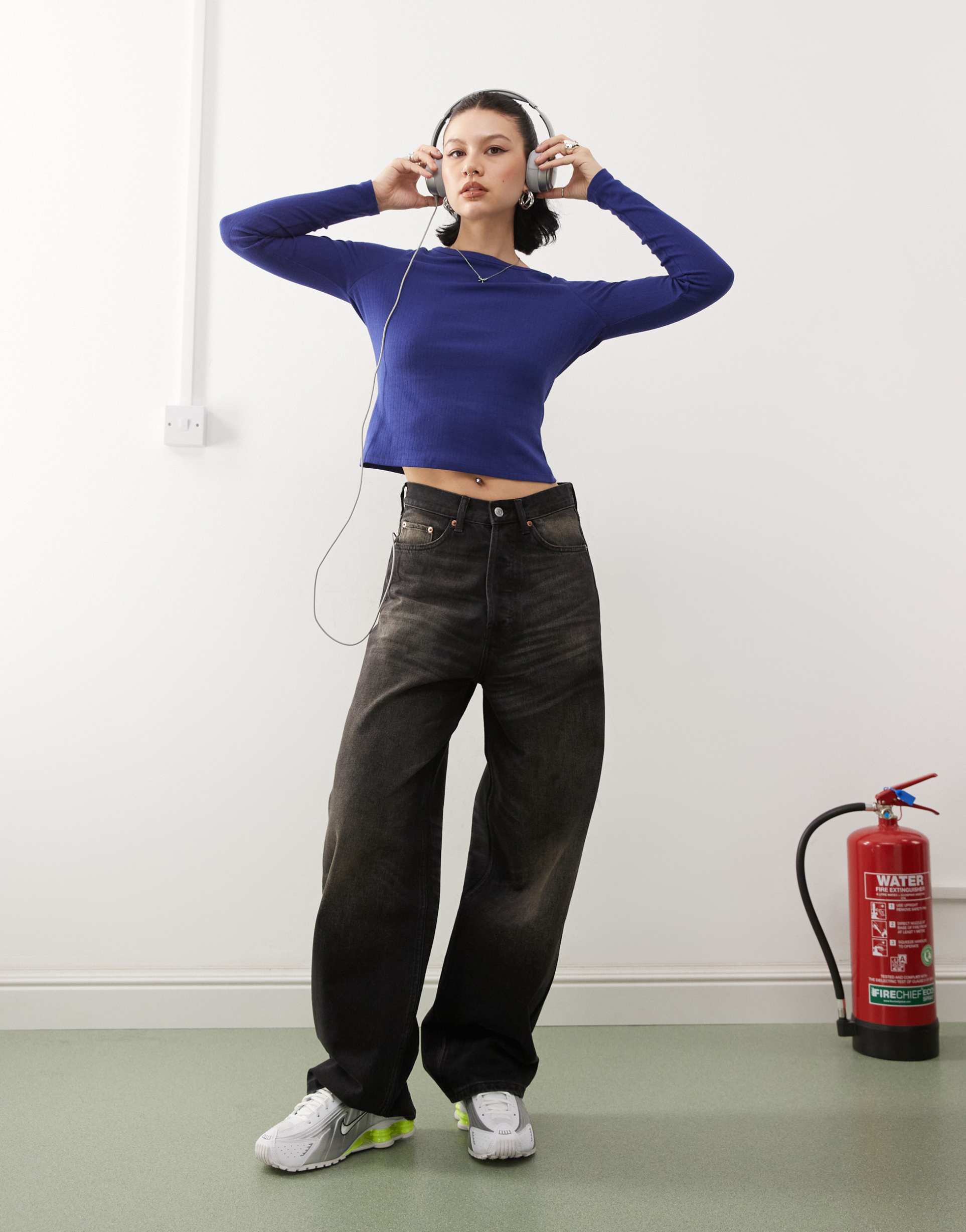 collusion pointelle scoop neck long sleeve top in navy