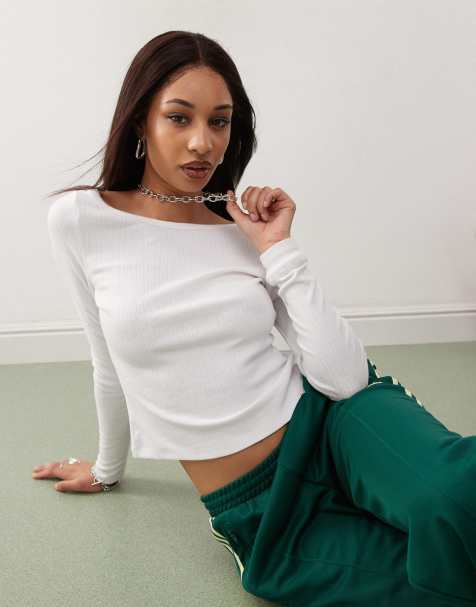 COLLUSION pointelle scoop neck long sleeve top in white - view 1