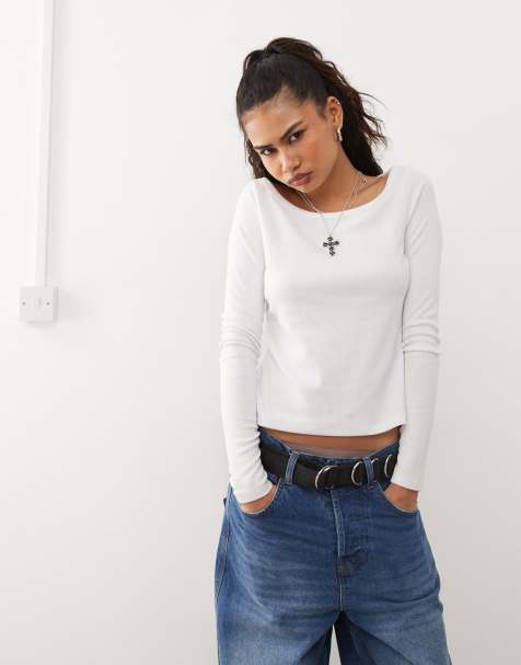 COLLUSION pointelle scoop neck long sleeve top in white - view 1