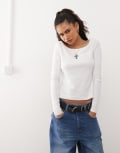 [Collusion] COLLUSION pointelle scoop neck long sleeve top in white L WHITE