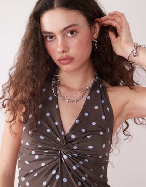 COLLUSION polka dot halter top in brown - view 1
