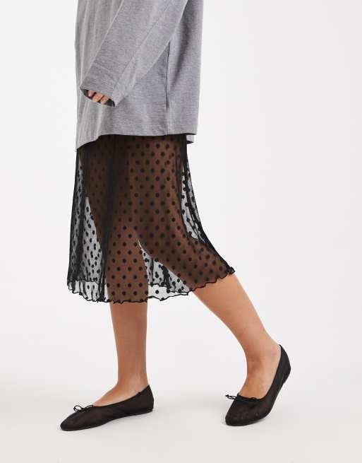 COLLUSION polka dot sheer mesh awkward length skirt in black, 4 of 5