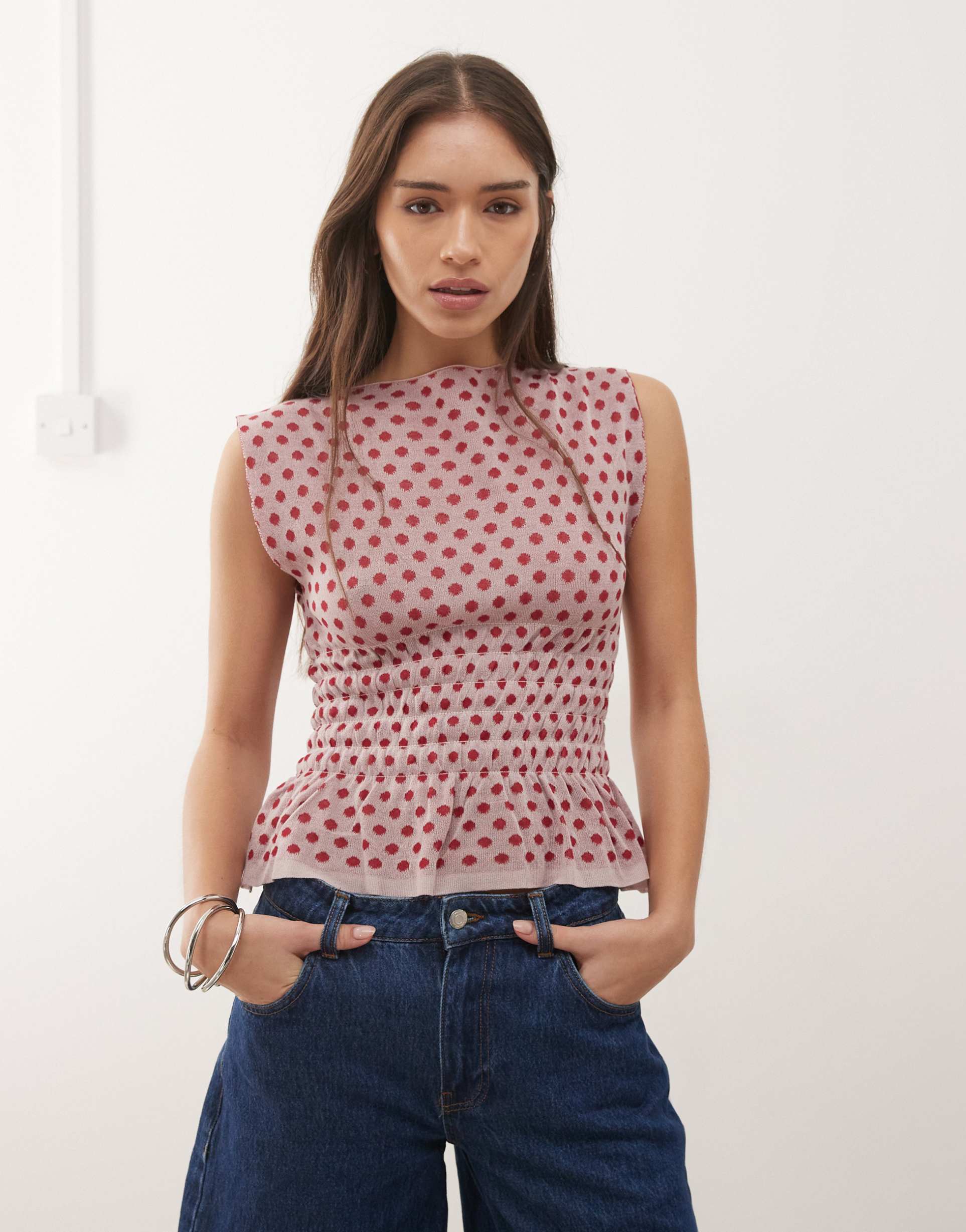 collusion polka dot shirred tank top in red