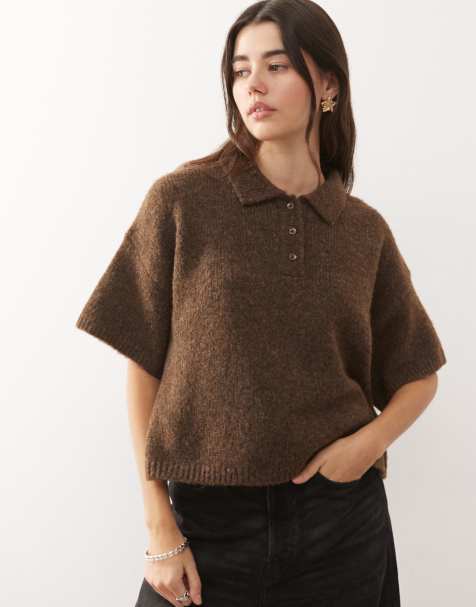 COLLUSION - Polo a maniche corte in maglia color cioccolato - view 1