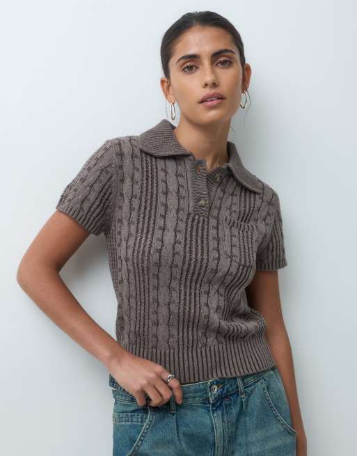 COLLUSION polo en maille torsadée gris chiné, 2 de 4