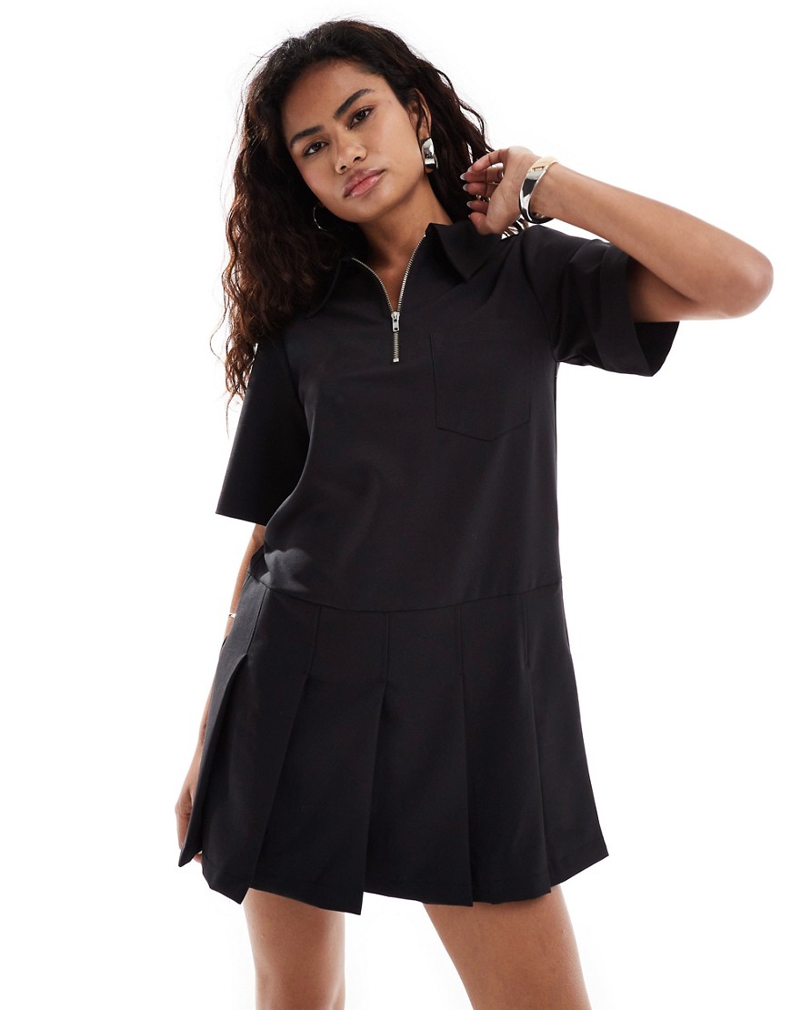 COLLUSION polo neck zip up mini pleated dress-Black