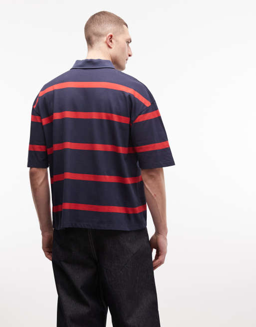 COLLUSION - Polo oversize squadrata a righe blu e rosse con ricamo, 5 di 5