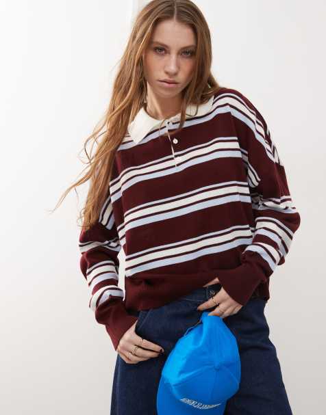 COLLUSION polo stripe jumper with rugby collar in burgundy - view 1
