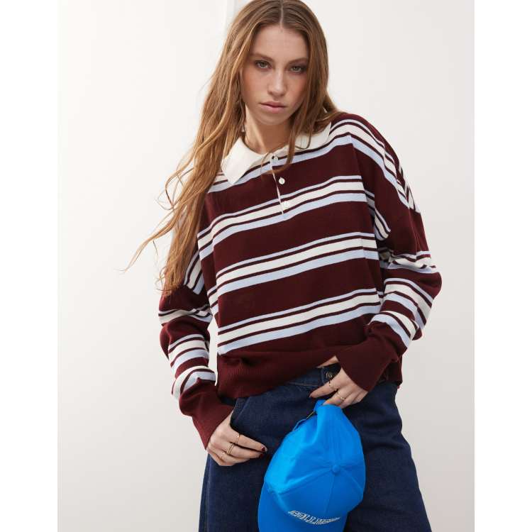 COLLUSION Polo stripe jumper with rugby collar in burgundy | ASOS