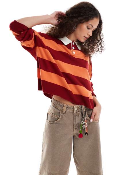 COLLUSION Polo stripe jumper with rugby collar in red stripe - view 1