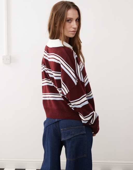 COLLUSION Polo stripe sweater with rugby collar in burgundy ASOS