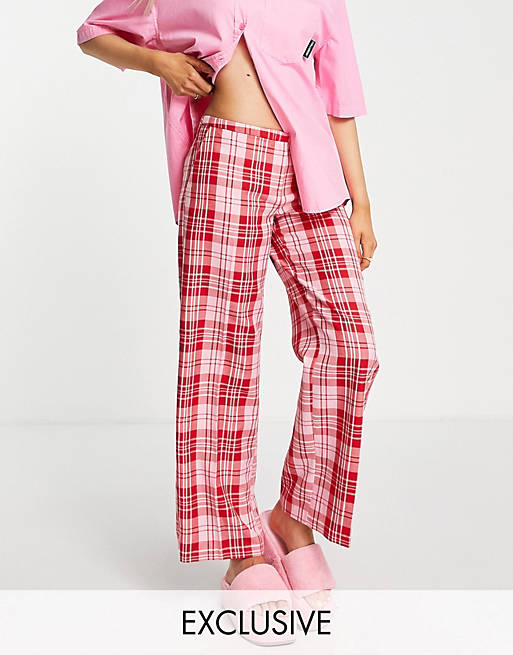 COLLUSION polyester low rise straight leg pants in pink & red check - MULTI