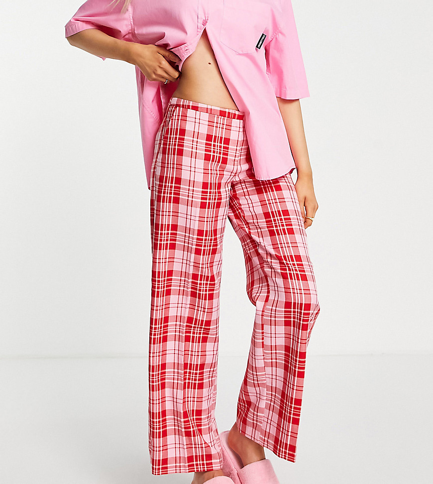 COLLUSION polyester low rise straight leg trousers in pink & red check - MULTI