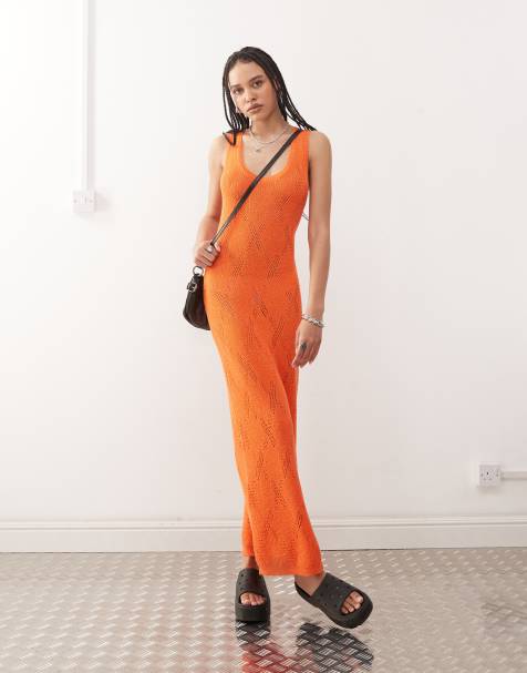COLLUSION fine knit sheer maxi dress in orange
