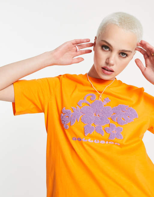 COLLUSION – Pomarańczowy T-shirt o pudełkowym kroju z puszystym nadrukiem w stylu hawajskim