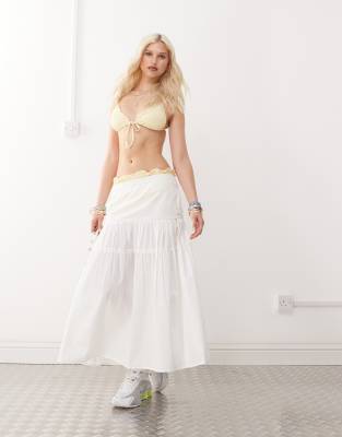 poplin drop waist frill detail maxi skirt in white