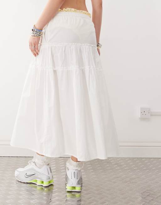 COLLUSION poplin drop waist frill detail maxi skirt in white, 4 of 5